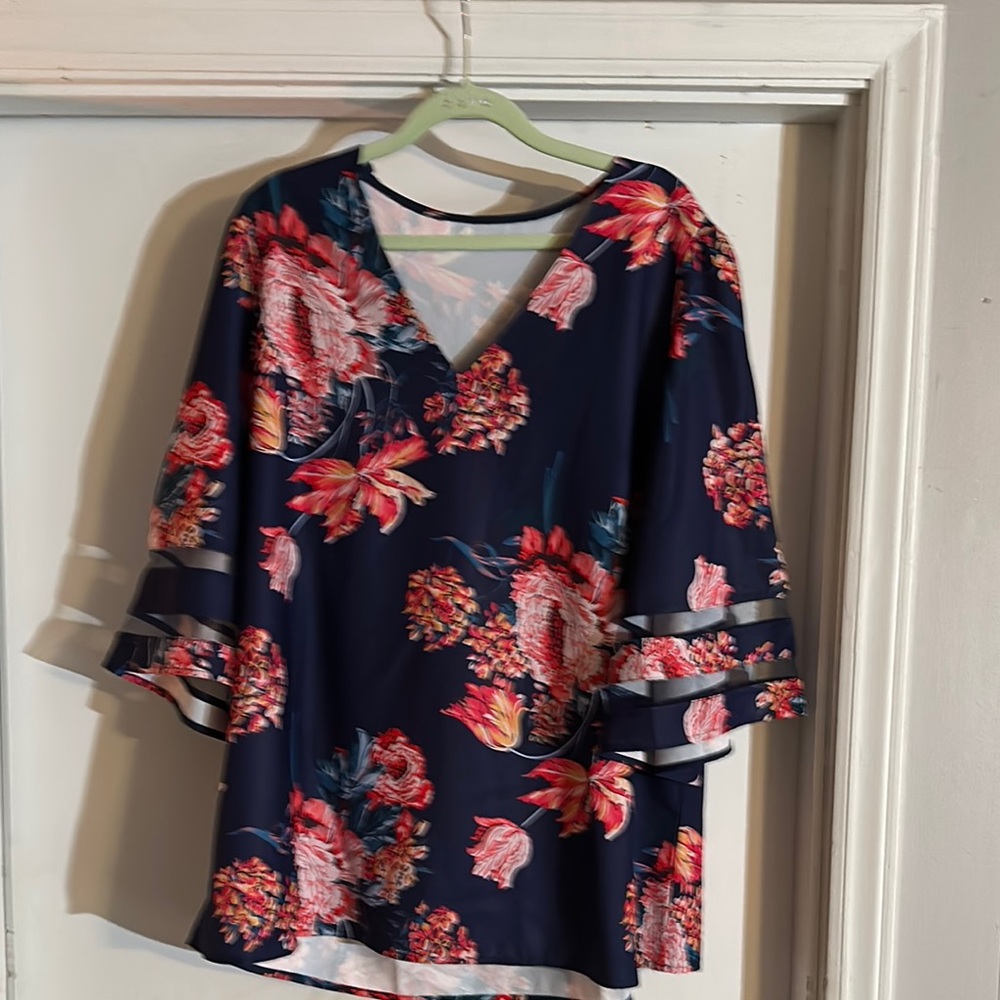 Ruffled Floral Bell Sleeve Blouse in Orange and Pink